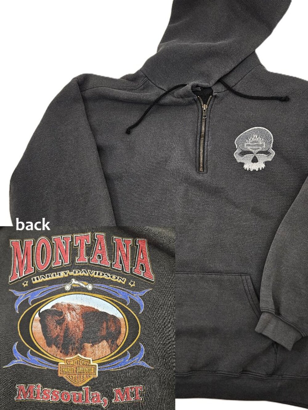 Vintage Harley Davidson Hoodie Large Skull Buffalo Missoula MT 1/4 Zip Made USA